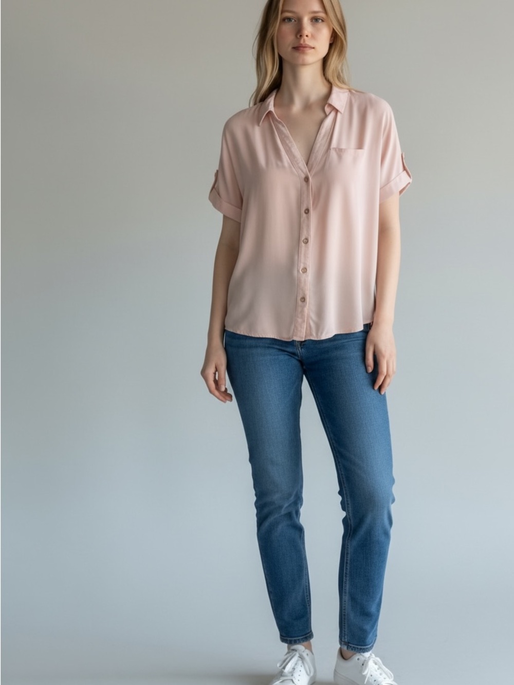 Candie's Pale Pink Relaxed Button-Down Short Sleeve Shirt